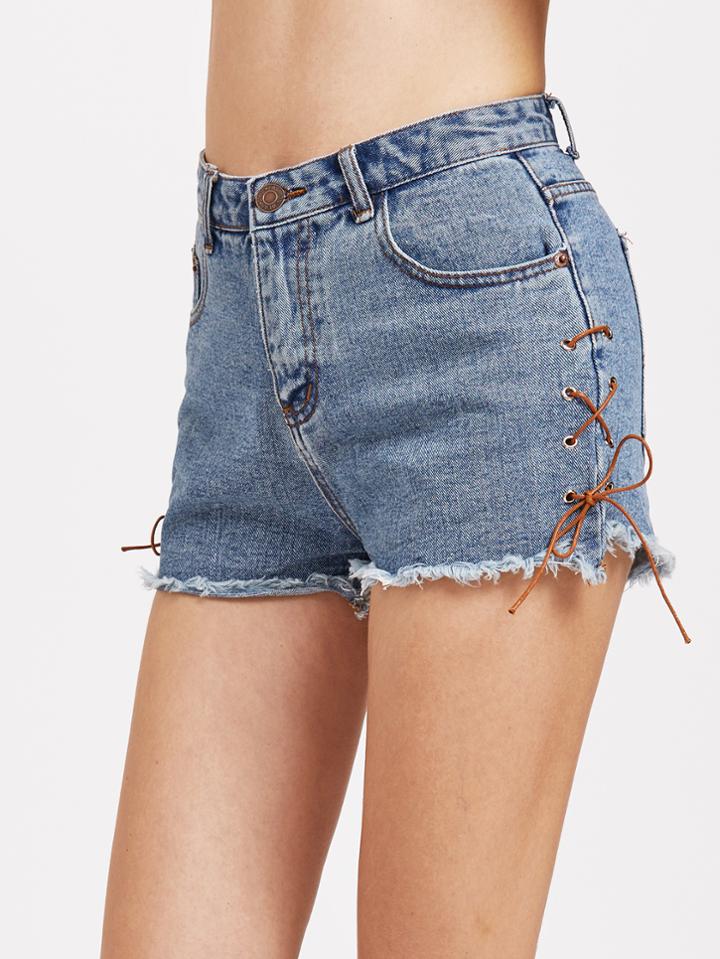 Shein Light Blue Lace Up Side Raw Hem Denim Shorts