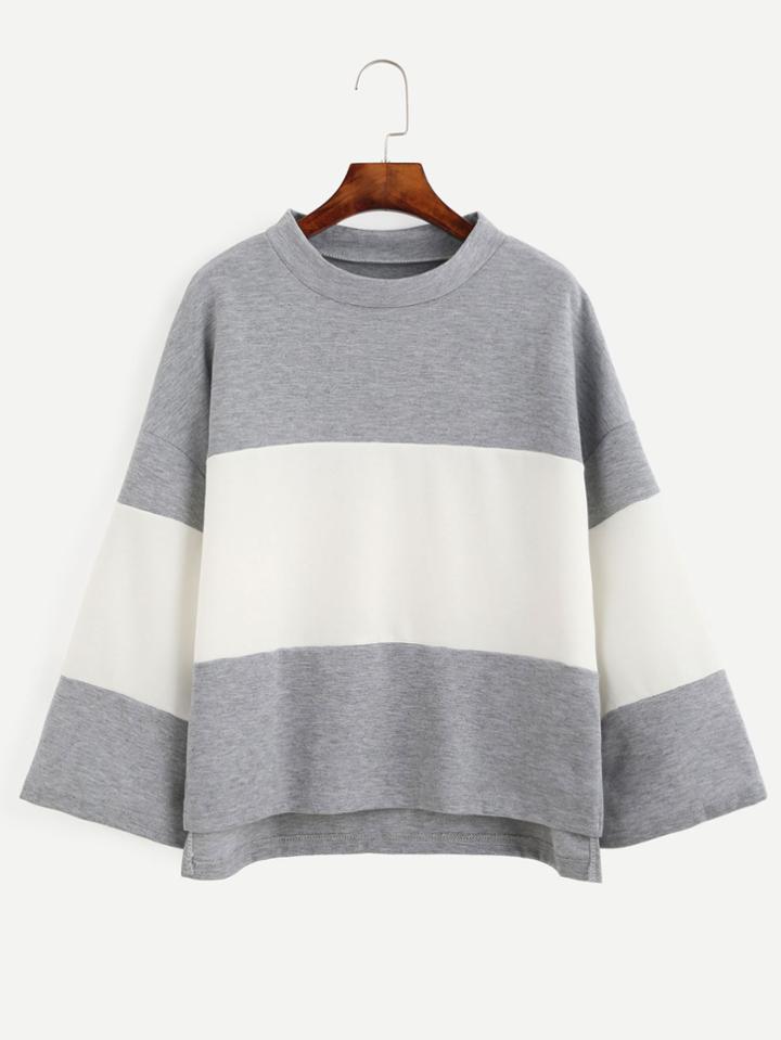 Shein Color Block Long Sleeve Dip Hem T-shirt