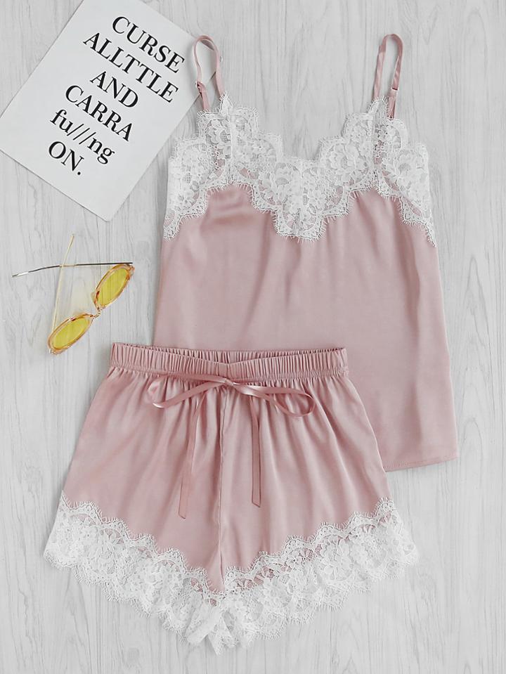 Shein Lace Trim Satin Cami And Shorts Pajama Set