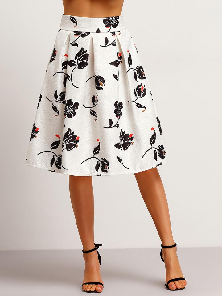 Shein White Floral Jacquard Flare Skirt