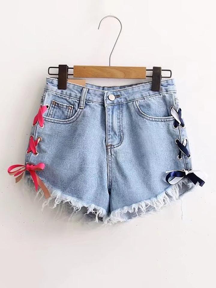Shein Raw Hem Lace Up Grommet Denim Shorts