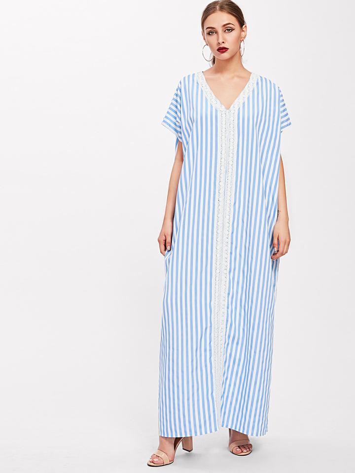 Shein Vertical Striped Crochet Lace Inset Beach Dress