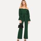 Shein Sweetheart Neck Flounce Sleeve Belted Bardot Jumpsuit