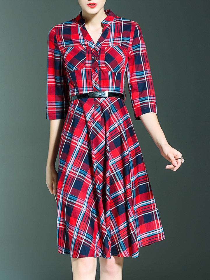 Shein Red V Neck Color Block Belted Pockets Dress