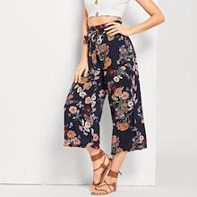 Shein Drawstring Waist Straight Leg Floral Pants