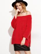 Shein Red Off The Shoulder Slit Fluffy Sweater