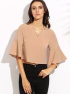 Shein Camel V Neck Bell Sleeve Crop Top