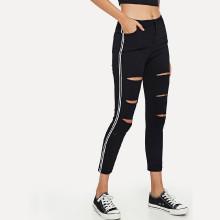 Shein Knee Rips Stripe Contrast Skinny Jeans