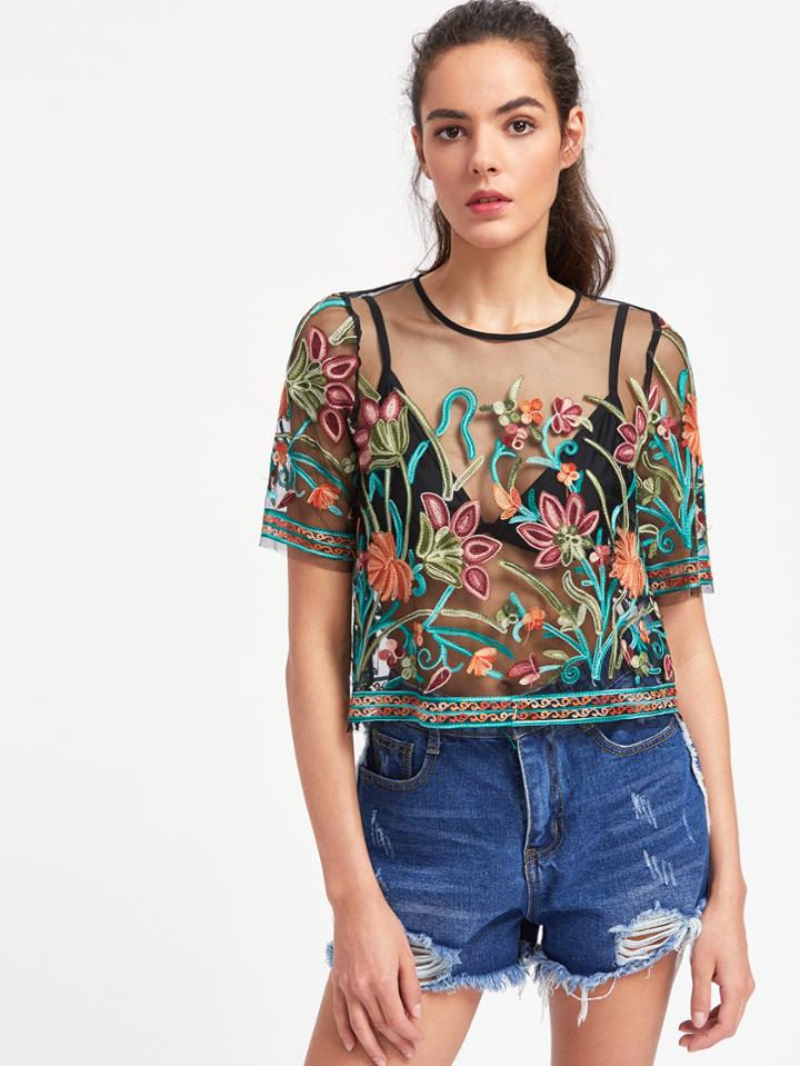 Shein Buttoned Keyhole Botanical Embroidered Mesh Top