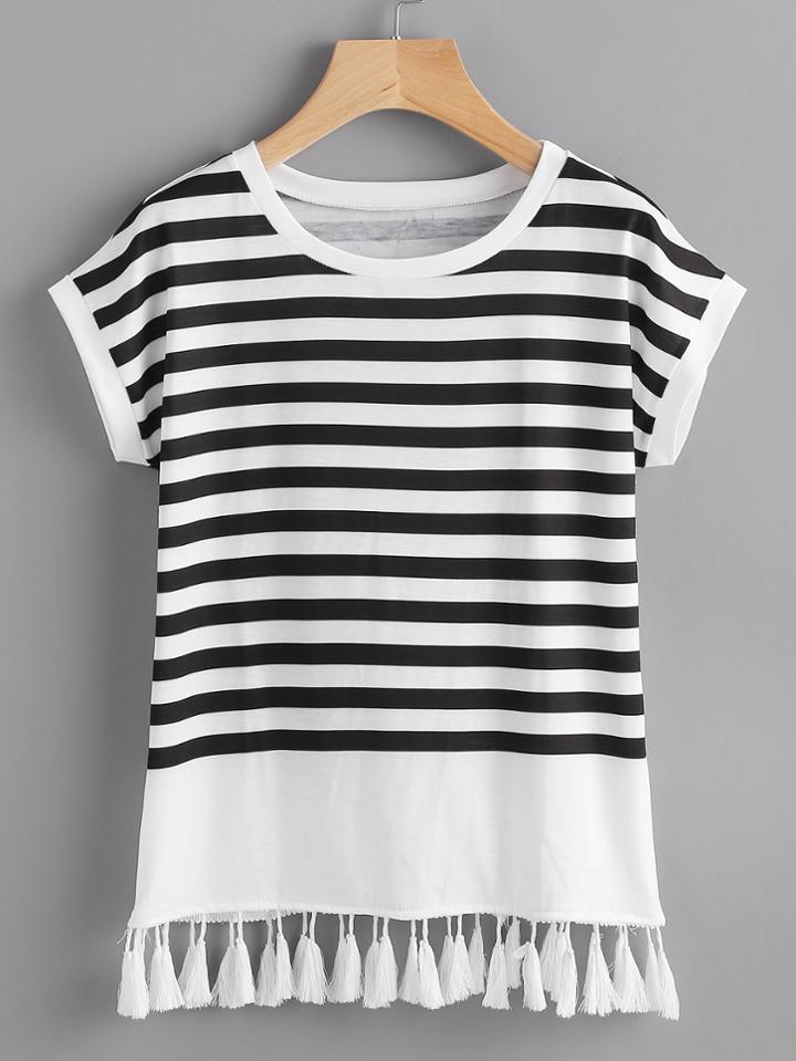 Shein Contrast Striped Tassel Hem Tee