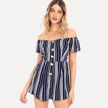 Shein Vertical Striped Button Up Bardot Romper