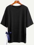 Shein Black Split Side T-shirt With Tie Bow