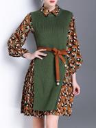 Shein Green Knit Split Vest Two-pieces Print Dress