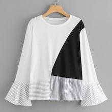 Shein Plus Contrast Striped Flounce Sleeve Tee