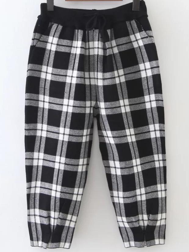Shein Black And White Plaid Drawstring Waist Crop Pants