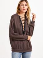 Shein Brown Eyelet Lace Up V Neck Oversized Sweatshirt