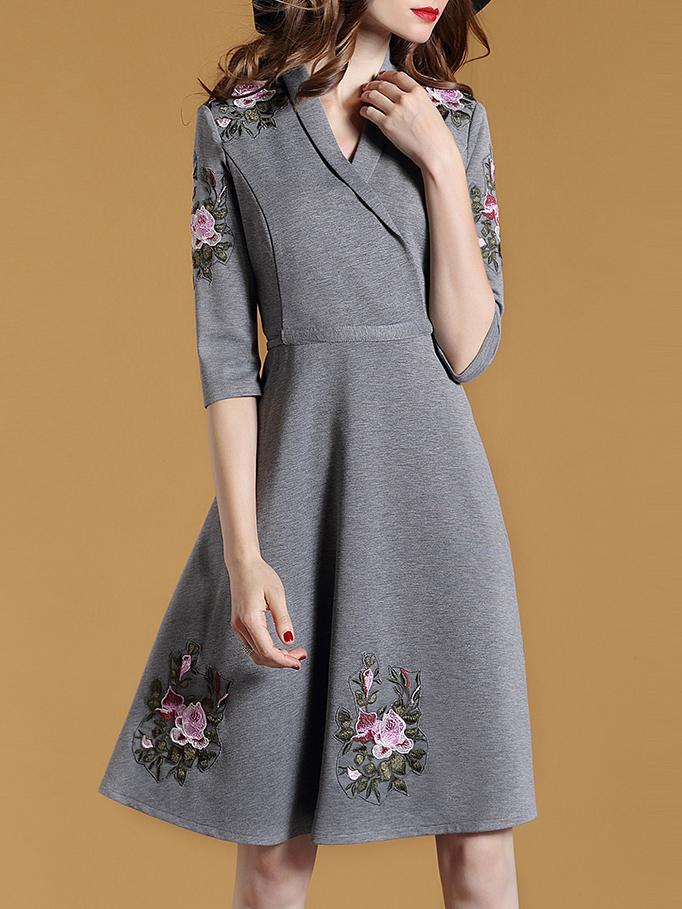Shein Grey V Neck Embroidered Drawstring A-line Dress