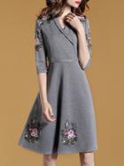 Shein Grey V Neck Embroidered Drawstring A-line Dress