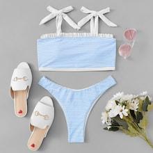 Shein Frill Trim Random Striped Bikini Set