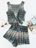 Shein Allover Printed Bow Tie V Back Tank Top With Shorts