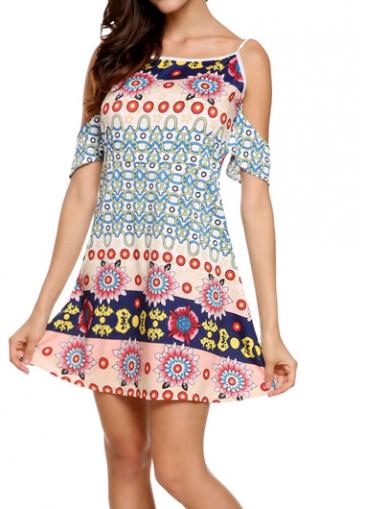 Rosewe Open Back Tribal Print Multicolored Mini Dress