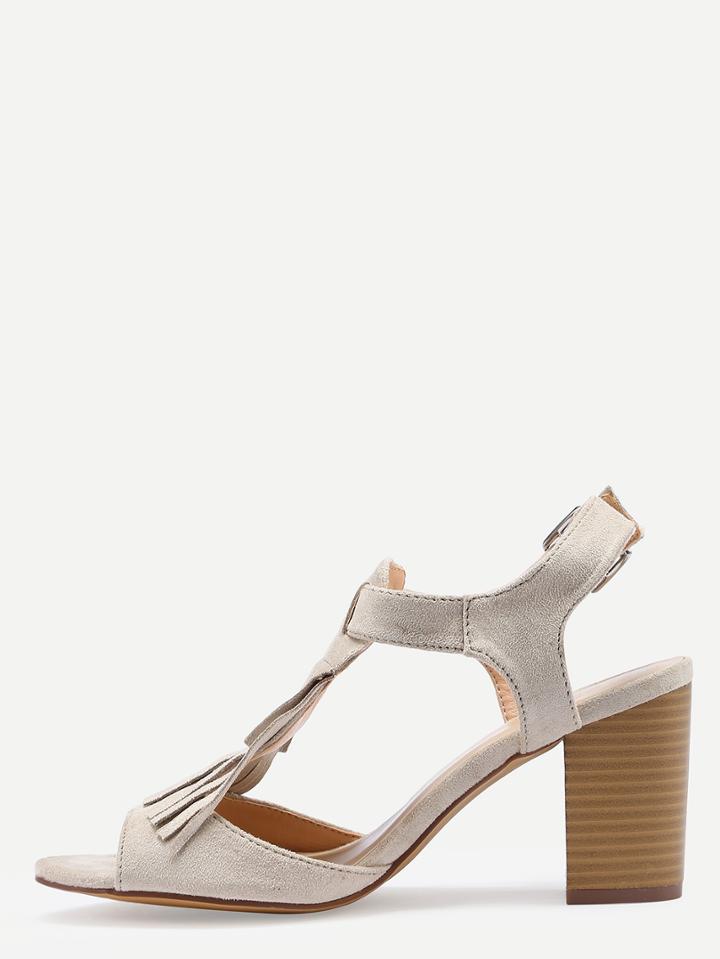 Shein Faux Suede Tasselled T-strap Block Heel Sandals - Beige