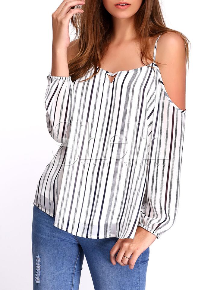 Shein White Cold Shoulder Vertical Striped Keyhole Blouse