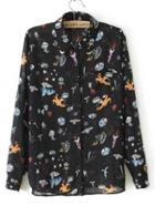 Rosewe Endearing Turndown Collar Black Shirts With Animal Print