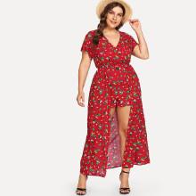 Shein Plus Flower Print High Low Wrap Dress