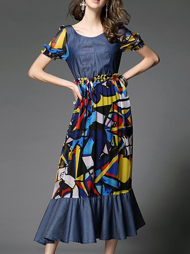 Shein Blue Drawstring Ruffle Print Denim Dress
