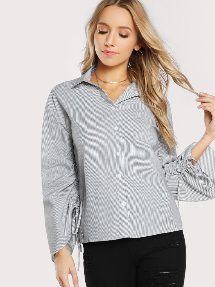 Shein Shirred Drawstring Sleeve Stripe Blouse