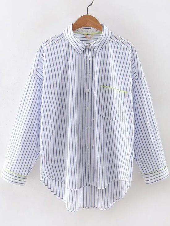 Shein Blue And White Mix Stripe High Low Pocket Blouse