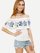 Shein White Print Split Off The Shoulder T-shirt