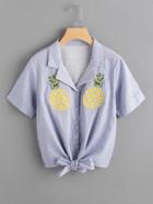 Shein Pineapple Embroidery Knotted Hem Pinstriped Shirt
