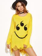 Shein Yellow Smiley Face High Low Distressed Sweater