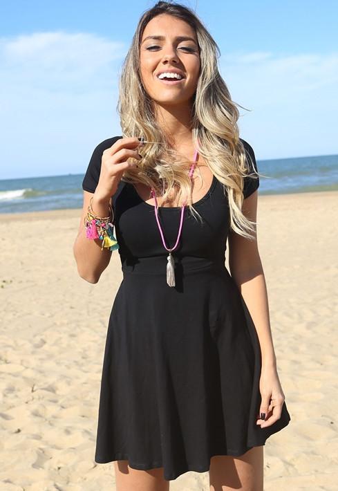 Shein Black Scoop Neck Short Sleeve Midriff Dress