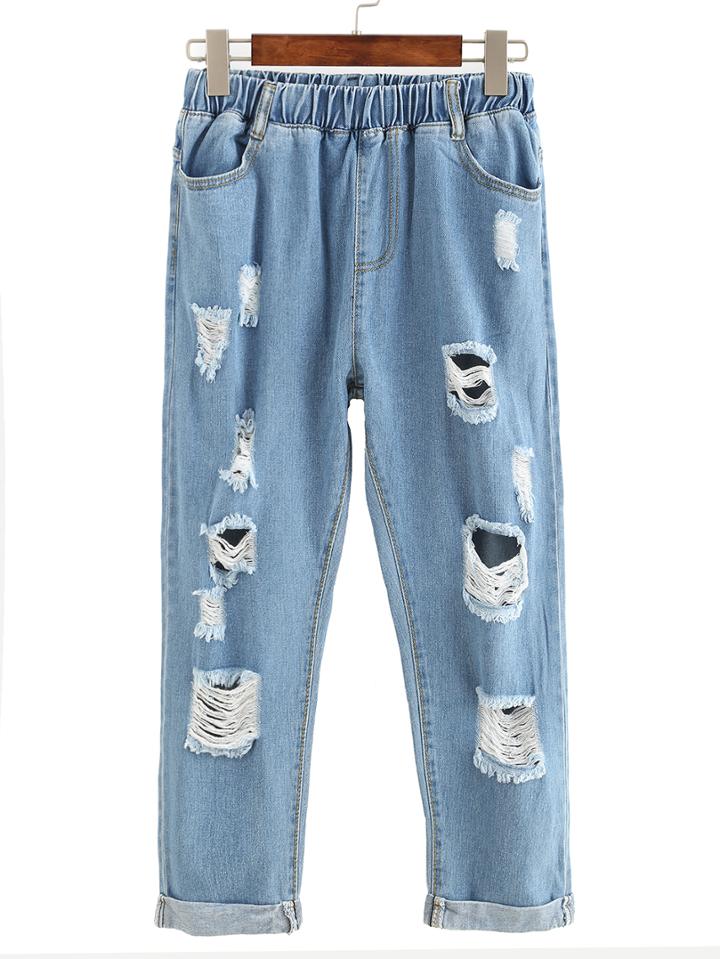 Shein Ripped Elastic Waist Rolled Hem Ankle Jeans