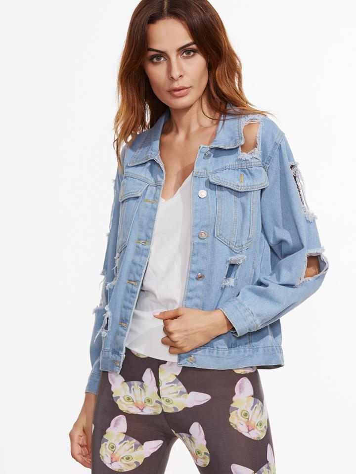 Shein Pale Blue Ripped Denim Jacket