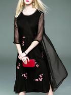 Shein Black Flowers Embroidered Shift Sheer Dress