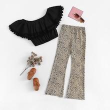 Shein Girls Pom Pom Ruffle Bardot Top & Leopard Pants Set