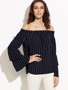 Shein Navy Pinstripe Off The Shoulder Layered Bell Sleeve Top