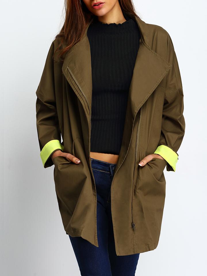 Shein Army Green Dropped Shoulder Seam Contrast Cuffed Coat
