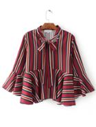 Shein Bell Sleeve Mixed Stripe Tie Neck Blouse