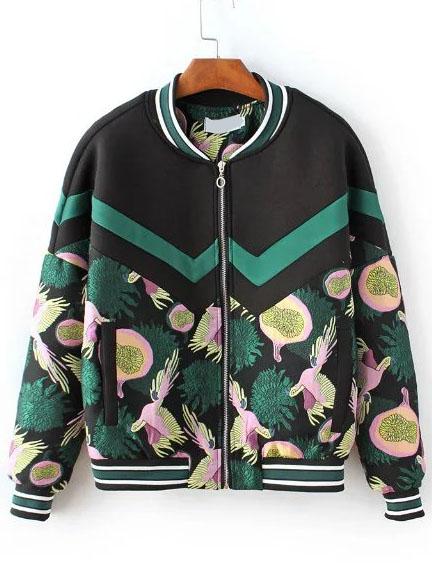 Shein Multicolor Printed Striped Trim Bomber Jacket
