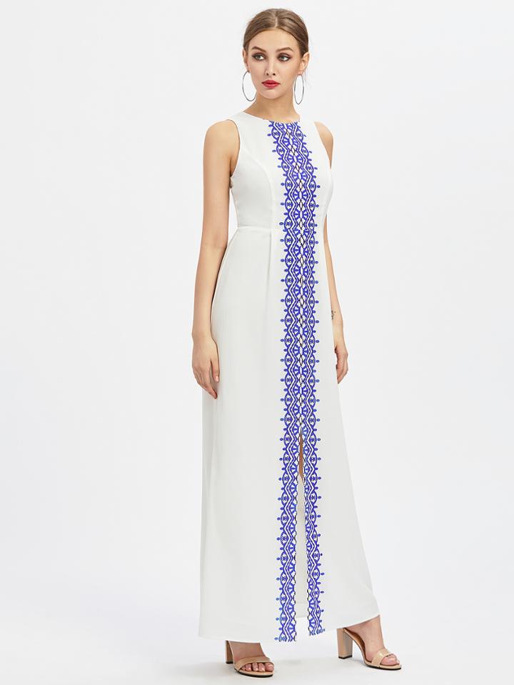 Shein Ornate Print Princess Seam Slit Front High Waist Dress