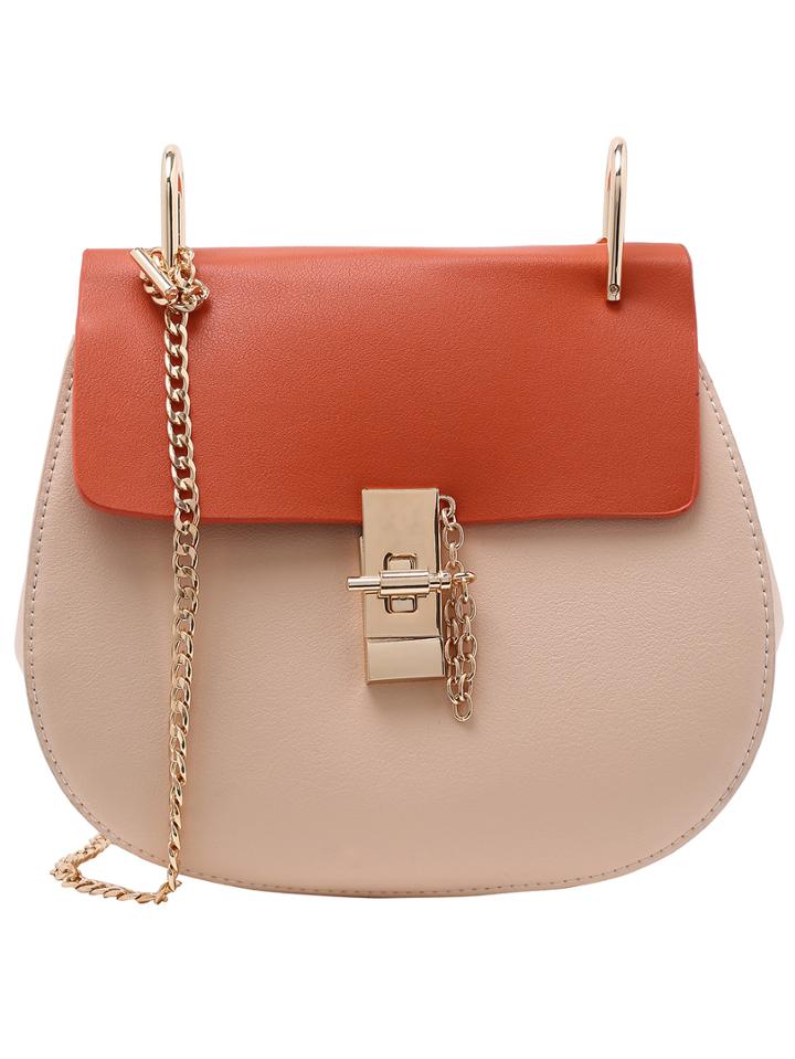 Shein Contrast Faux Leather Chain Saddle Bag - Apricot