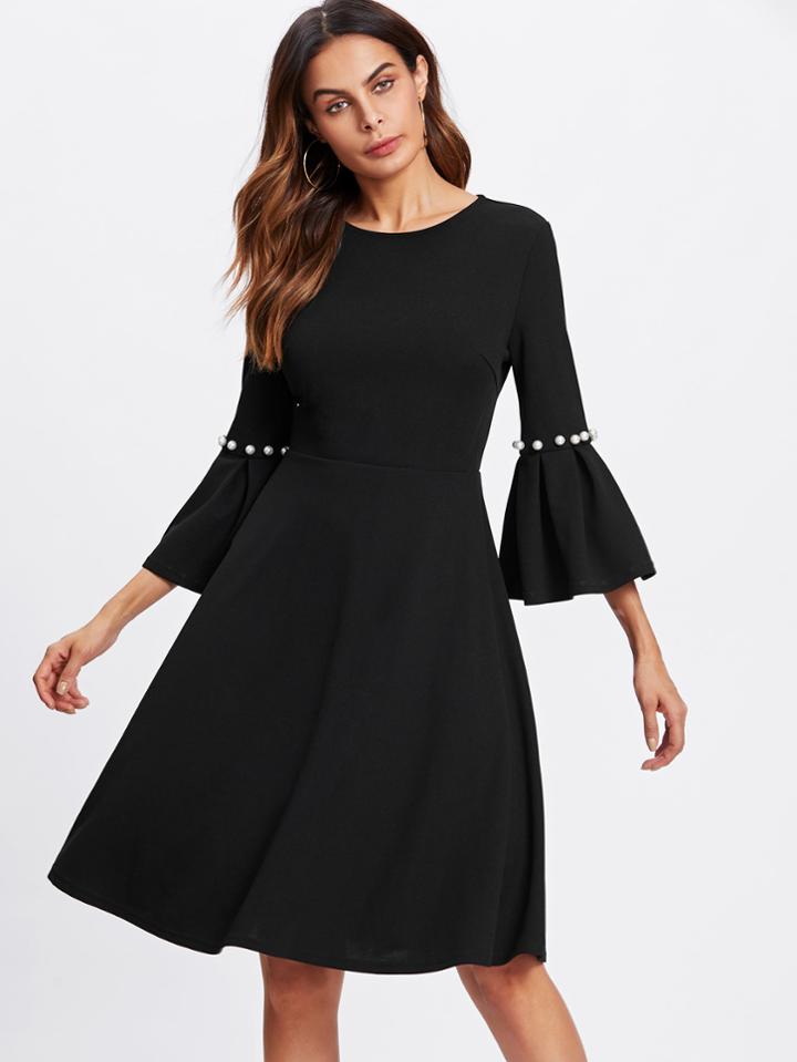 Shein Pearl Beading Trumpet Sleeve Dress
