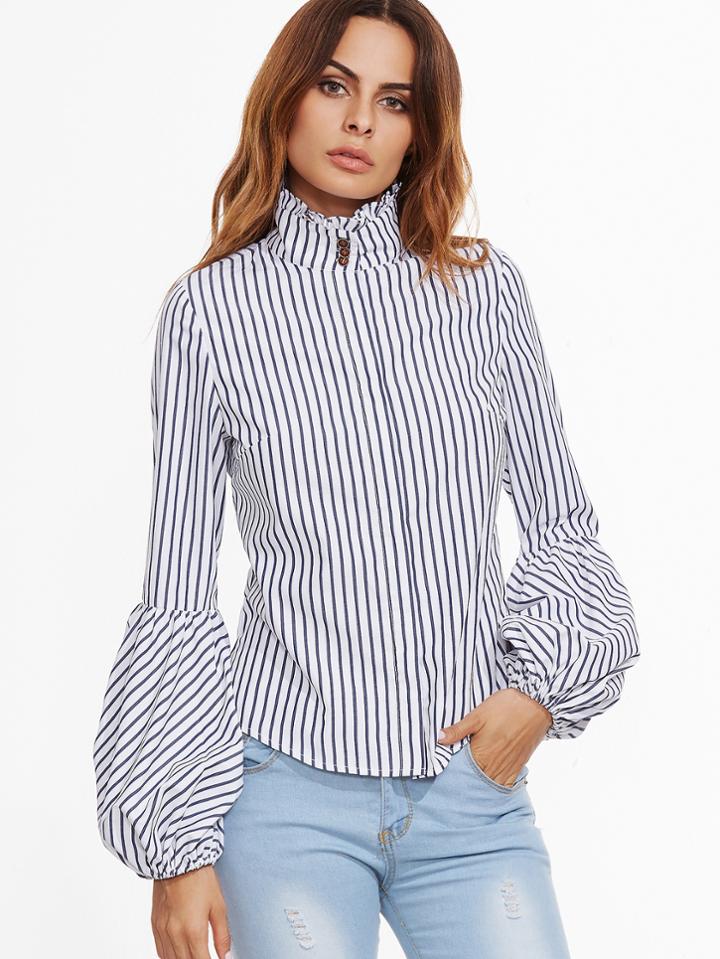 Shein Vertical Striped Ruffle Collar Lantern Sleeve Blouse