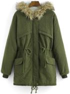 Shein Army Green Faux Fur Hooded Drawstring Loose Coat