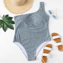 Shein Plus One Shoulder Plaid Swimsuit